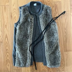 Vera moda faux fur and knit vest with pleather tie